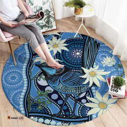 Australia Flannel Flower With Superb Fairy wren Round Carpet Aboriginal Art