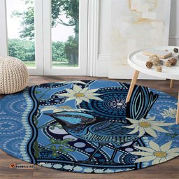 Australia Flannel Flower With Superb Fairy wren Round Carpet Aboriginal Art