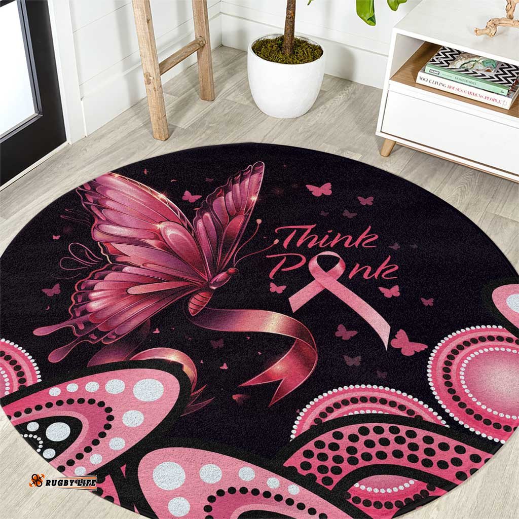 Think Pink Butterfly Ribbon Aboriginal Art Round Carpet