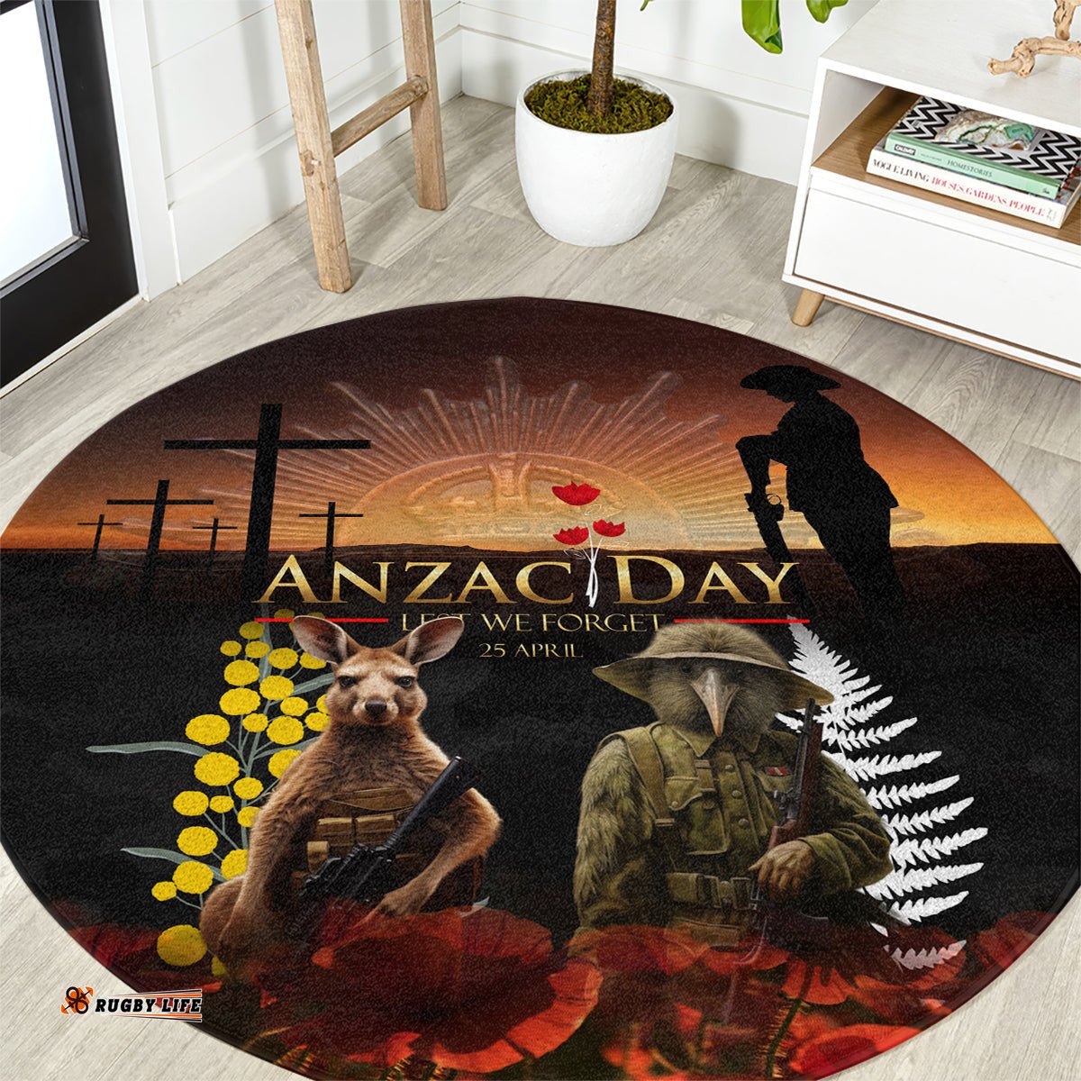 New Zealand and Australia ANZAC Day Round Carpet Kiwi Bird and Kangaroo Soldier LT03