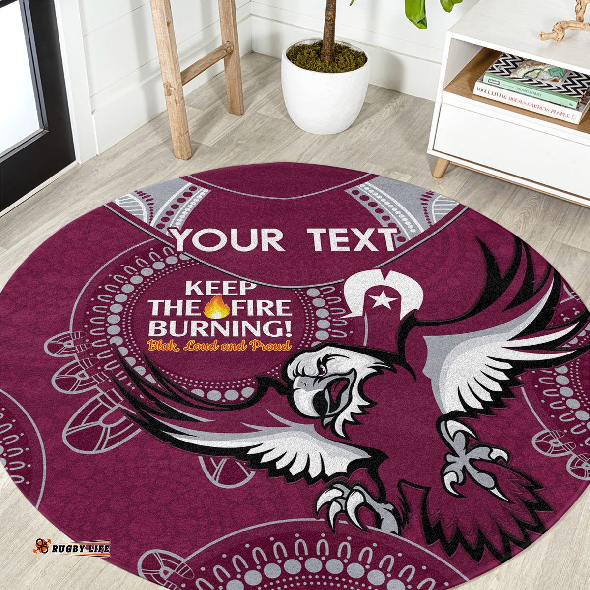 Custom NRL Sea Eagles NAIDOC Week Round Carpet Keep The Fire Burning Indigenous Art