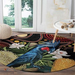Australia Palm Cockatoo Round Carpet Aussie Banksia Aboriginal Pattern