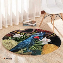 Australia Palm Cockatoo Round Carpet Aussie Banksia Aboriginal Pattern