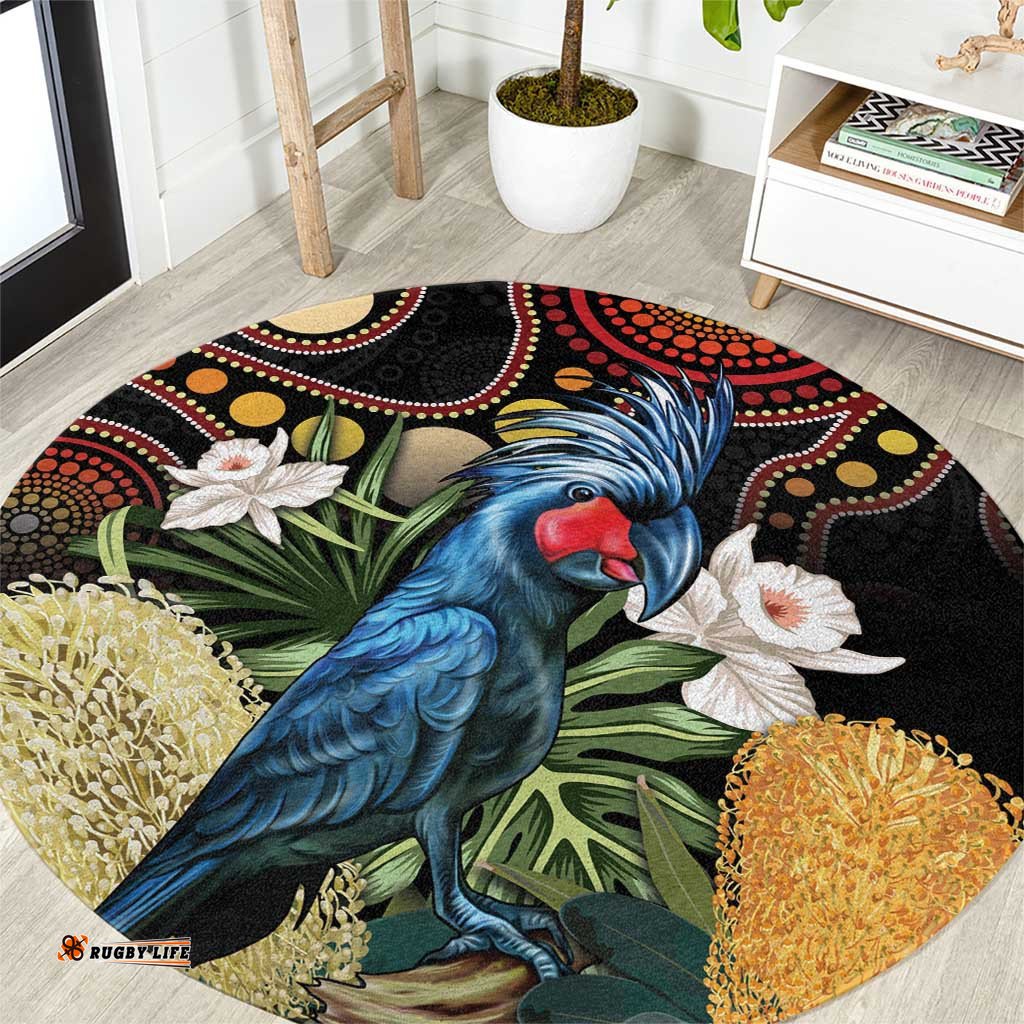 Australia Palm Cockatoo Round Carpet Aussie Banksia Aboriginal Pattern