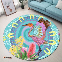 Amazing Aussie Australia Aboriginal Brolga Bird Dancing With Australia Native Flowers V3 Round Rug