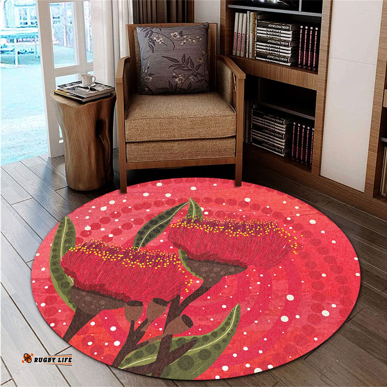 Amazing Aussie Australia Aboriginal Red Aboriginal Art With Eucalyptus Flowers Round Rug
