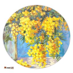 Amazing Aussie Australia Golden Wattle Golden Wattle Bouquet Blue Background Oil Painting Art  Round Rug