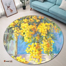 Amazing Aussie Australia Golden Wattle Golden Wattle Bouquet Blue Background Oil Painting Art  Round Rug