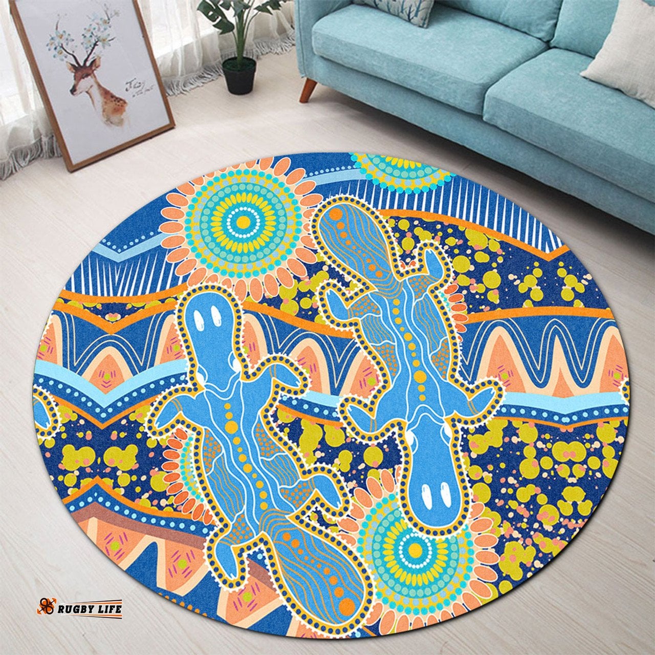 Amazing Aussie Australia Animals Platypus Aboriginal Blue Platypus With Aboriginal Art Dot Painting Patterns Inspired Round Rug