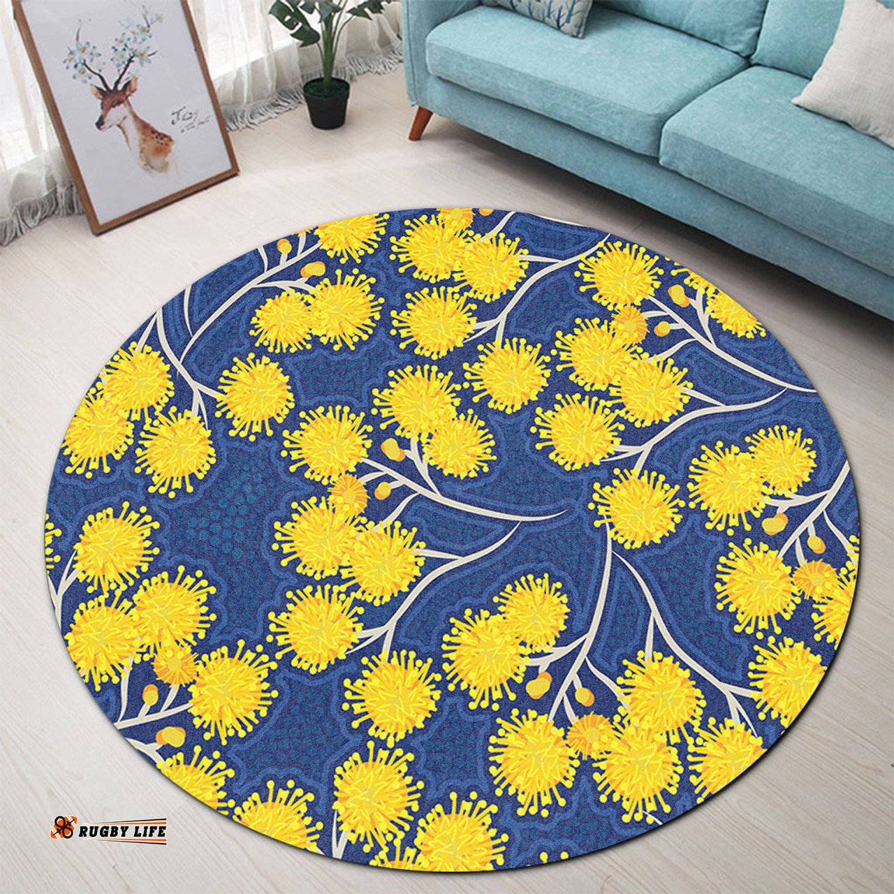 Amazing Aussie Australia Flowers Aboriginal Yellow Wattle Flowers With Aboriginal Dot Art Round Rug