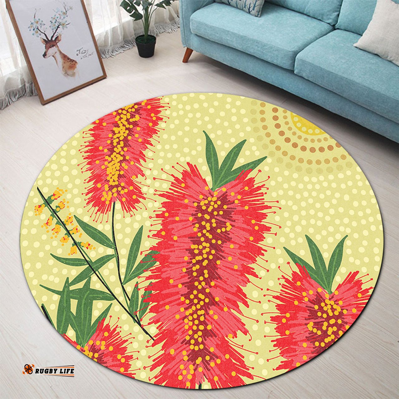 Amazing Aussie Australia Flowers Aboriginal Aboriginal Painting Red Bottle Brush Tree Round Rug