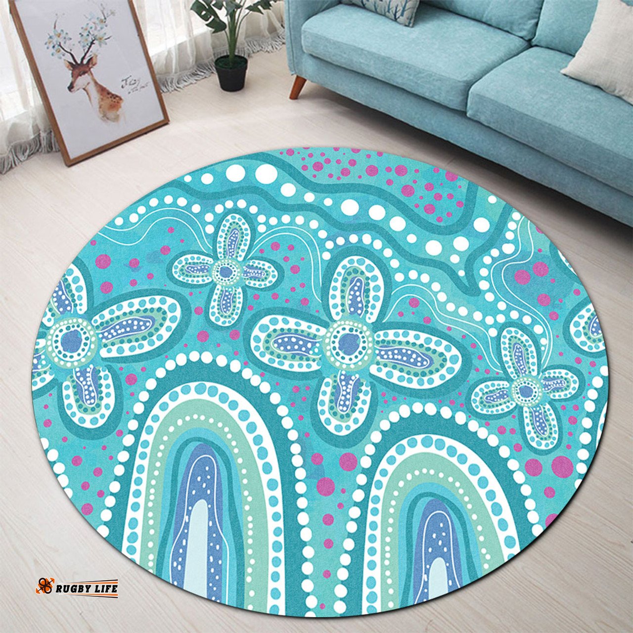 Amazing Aussie Australia Aboriginal Dot painting illustration in Aboriginal style Turquoise Round Rug