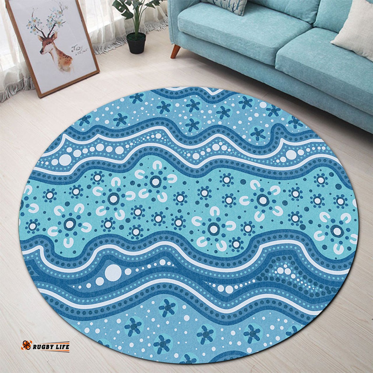 Amazing Aussie Australia Traditional Aboriginal Dot Patterns Blue Background Round Rug