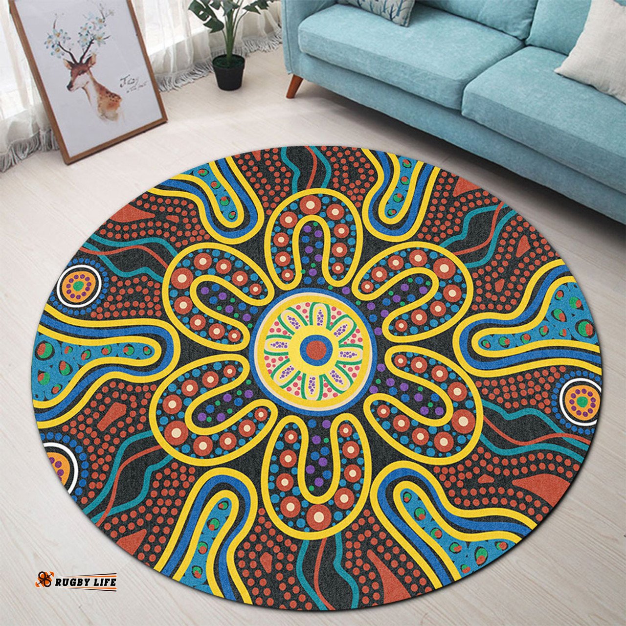 Amazing Aussie Australia Dot Painting Inspired Aboriginal Aboriginal Dot Art Color Inspired Round Rug