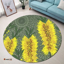 Amazing Aussie Australia Aboriginal Yellow Bottle Brush Flora In Aboriginal Painting Round Rug
