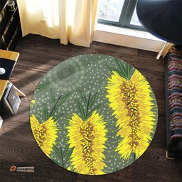 Amazing Aussie Australia Aboriginal Yellow Bottle Brush Flora In Aboriginal Painting Round Rug