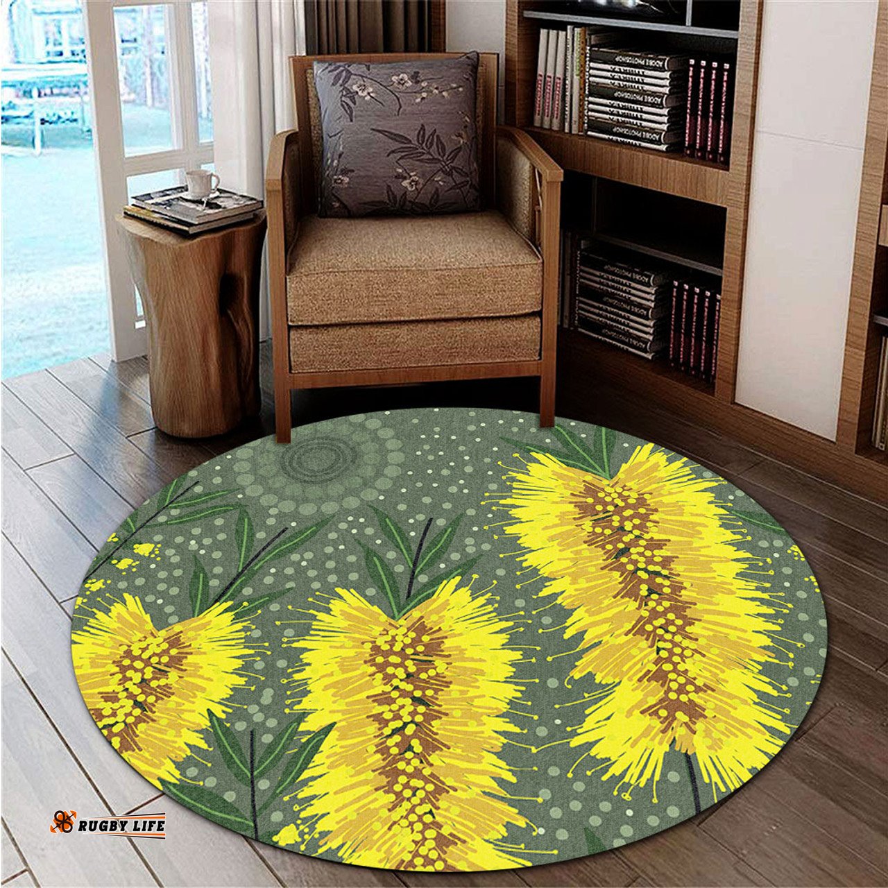 Amazing Aussie Australia Aboriginal Yellow Bottle Brush Flora In Aboriginal Painting Round Rug