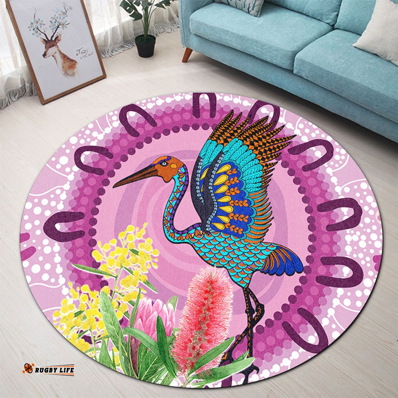 Amazing Aussie Australia Aboriginal Brolga Bird Dancing With Australia Native Flowers Round Rug