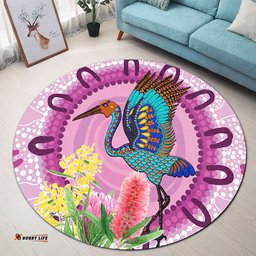 Amazing Aussie Australia Aboriginal Brolga Bird Dancing With Australia Native Flowers Round Rug