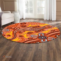 Amazing Aussie Australia Aboriginal Inspired Orange Lizard Aboriginal Inspired Dot Painting Style Round Rug