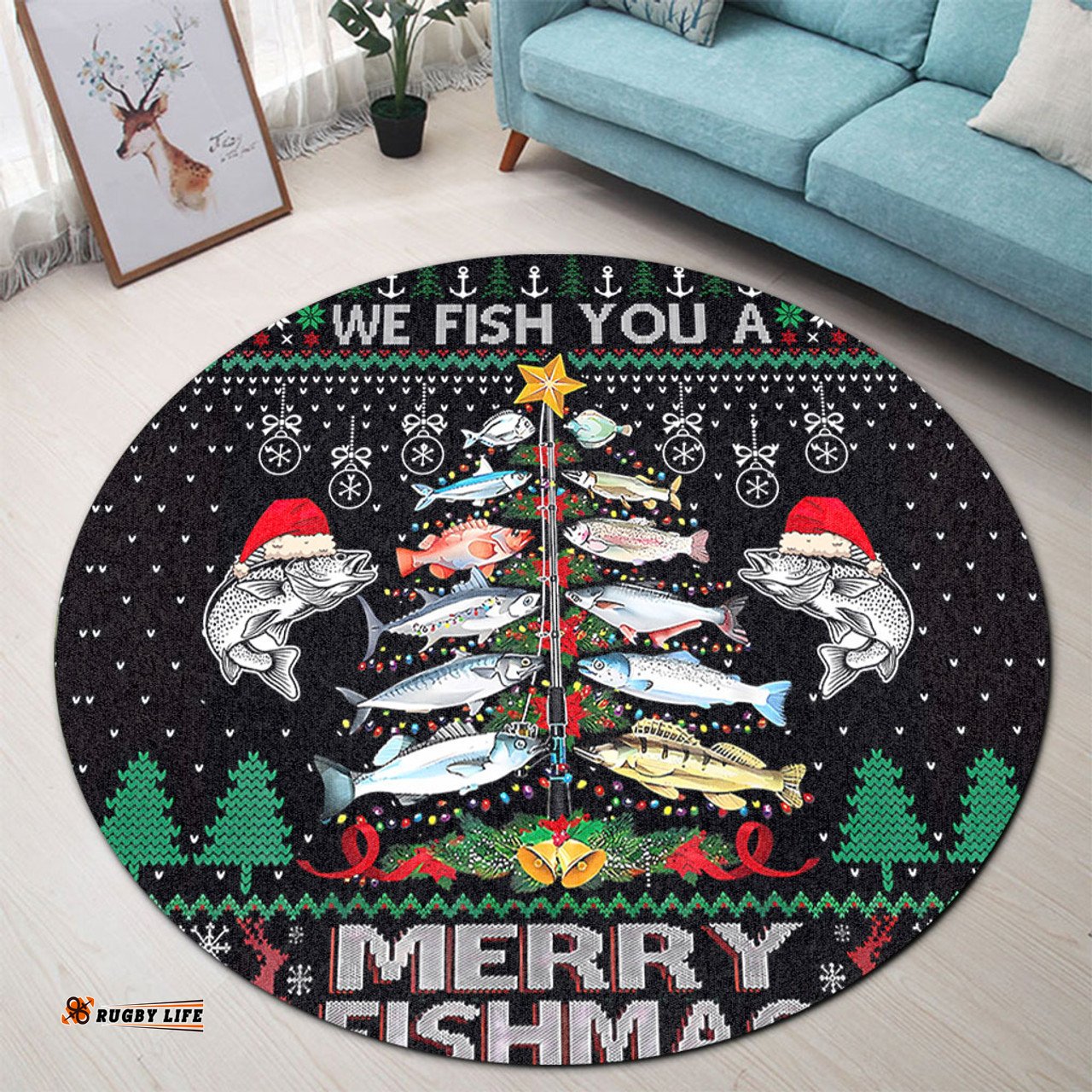Amazing Aussie Australia Christmas Fishing Merrry Fishmas Fishing Rod Christmas Tree Round Rug