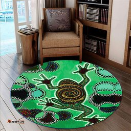 Amazing Aussie Australia Aboriginal Inspired Indigenous Green Frog Watercolor Dot Art Painting Round Rug