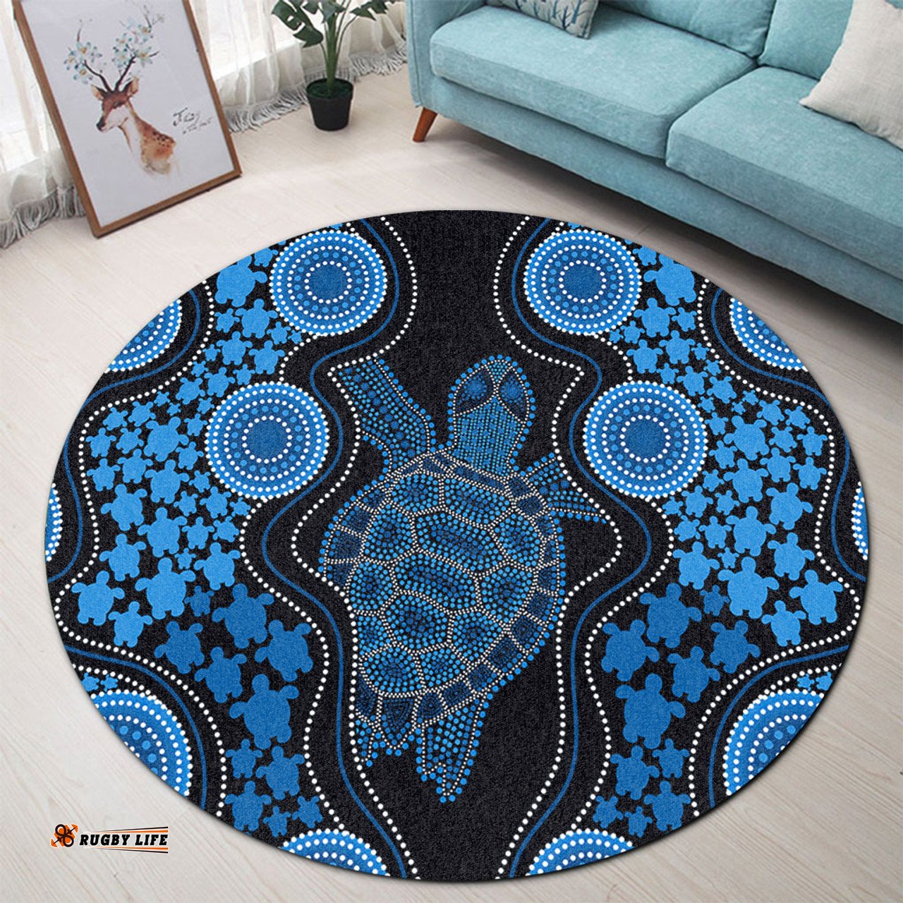 Amazing Aussie Australia Aboriginal Art Turtles Inspired Blue Round Rug