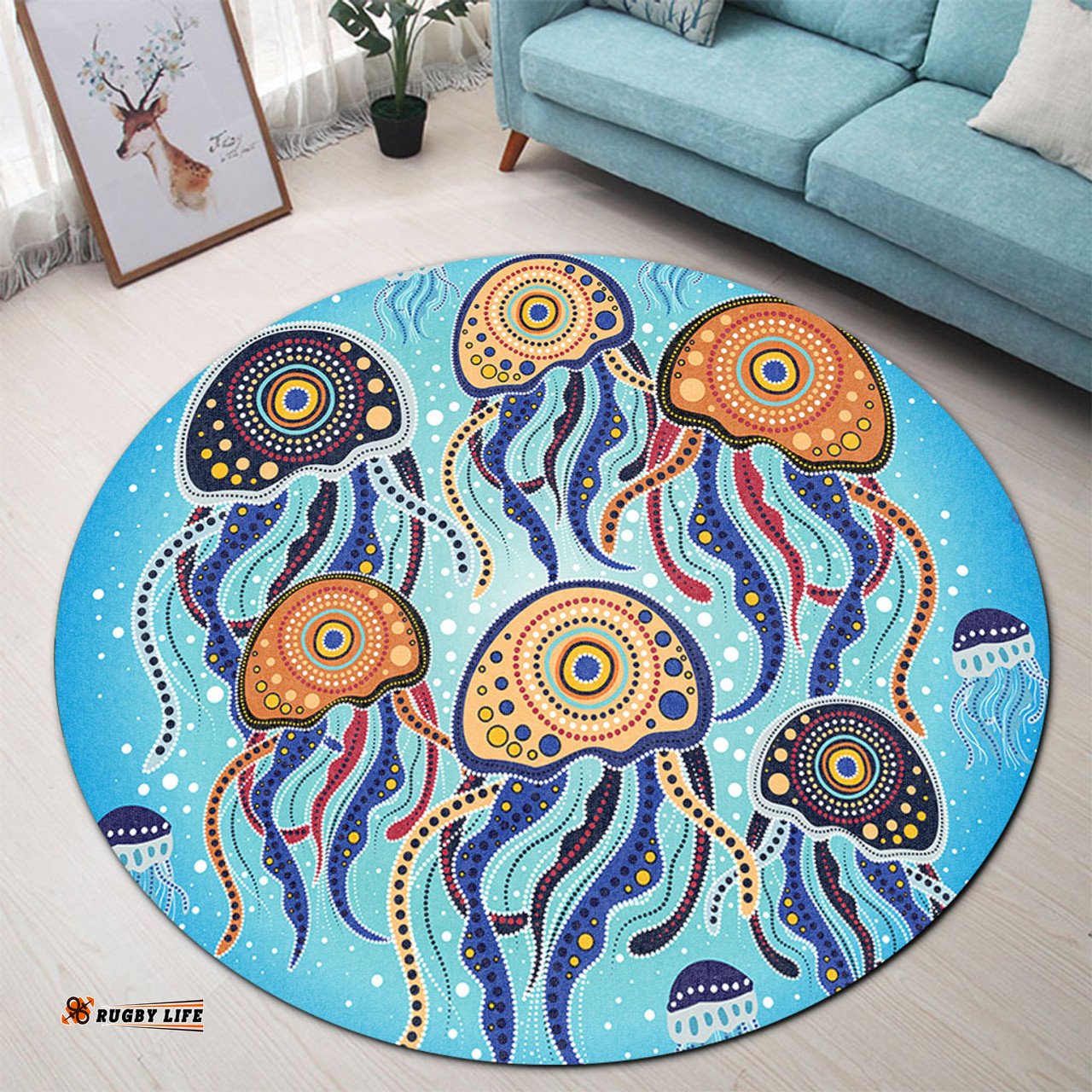 Amazing Aussie Australia Dot Painting Inspired Aboriginal Jellyfish Art In Aboriginal Dot Style Round Rug