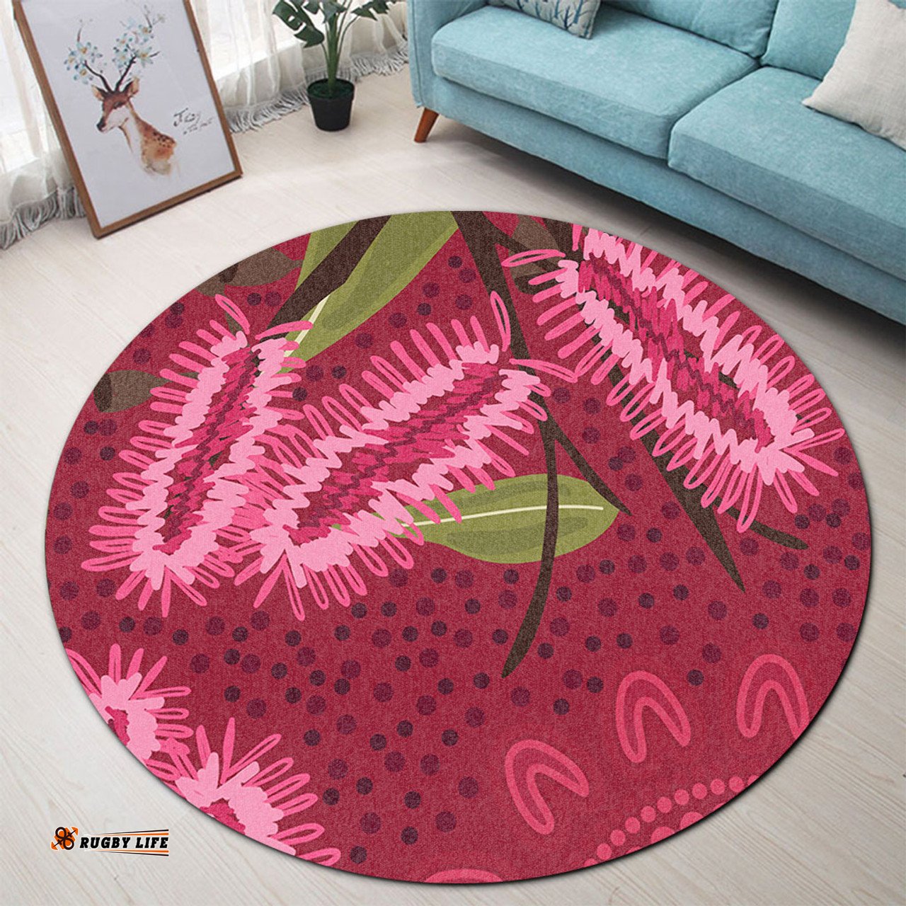 Amazing Aussie Australia Flowers Aboriginal Pink Bottle Brush Flora In Indigenous Painting Round Rug