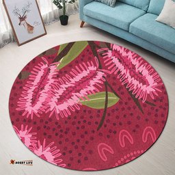Amazing Aussie Australia Flowers Aboriginal Pink Bottle Brush Flora In Indigenous Painting Round Rug