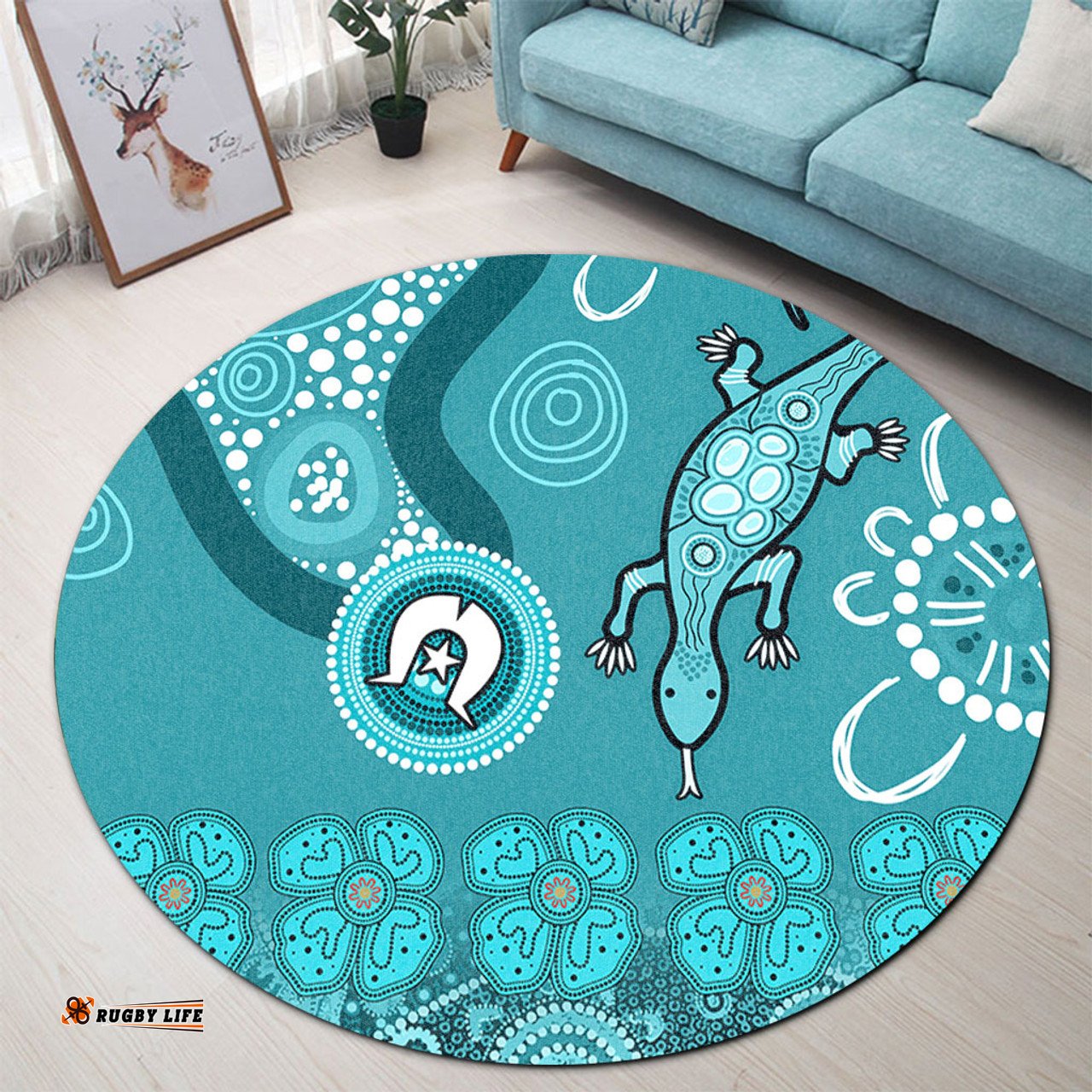 Amazing Aussie Australia Goanna Aboriginal Indigenous Dot Goanna (Teal Blue) Round Rug