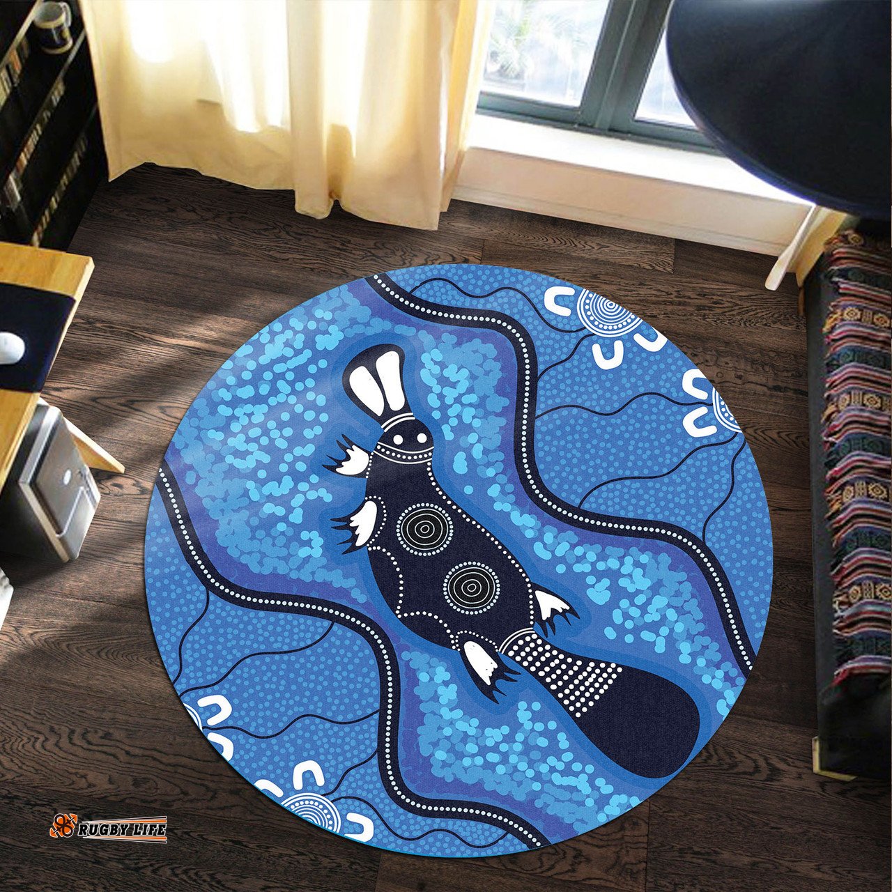 Amazing Aussie Australia Aboriginal Inspired Indigenous Platypus Aboriginal Inspired blue dot art background Round Rug