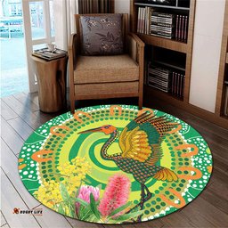 Amazing Aussie Australia Aboriginal Brolga Bird Dancing With Australia Native Flowers V2 Round Rug
