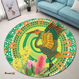 Amazing Aussie Australia Aboriginal Brolga Bird Dancing With Australia Native Flowers V2 Round Rug