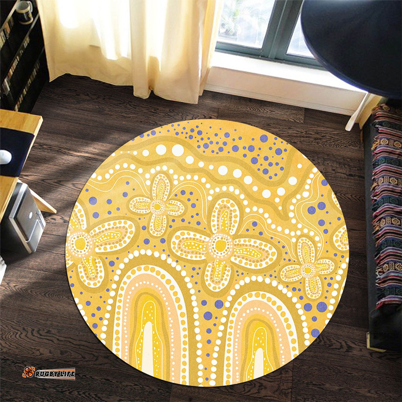 Amazing Aussie Australia Aboriginal Dot painting illustration in Aboriginal style Yellow Round Rug
