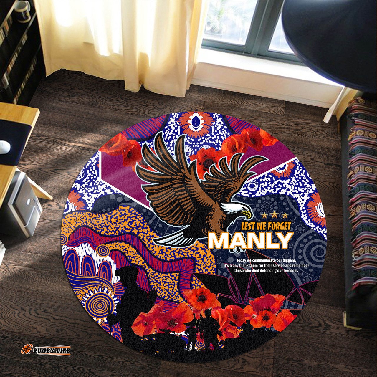 Amazing Aussie Manly Warringah Sea Eagles Anzac Lest We Forget Aboriginal Inspired Patterns Round Rug