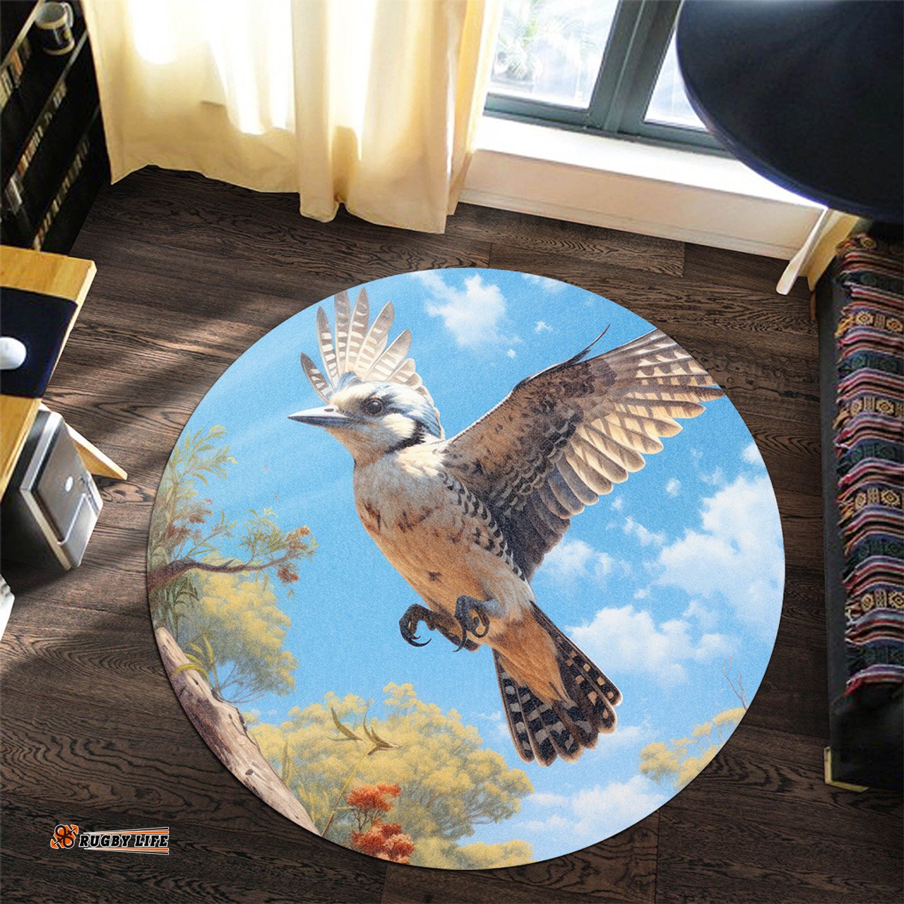 Amazing Aussie Australia Kookaburra Flying Kookaburra with Blue Sky Round Rug