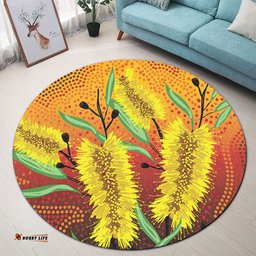 Amazing Aussie Australia Aboriginal Aboriginal Art Of Yellow Bottle Brush Plant Round Rug