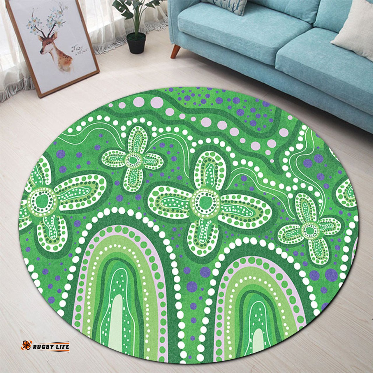 Amazing Aussie Australia Aboriginal Dot painting illustration in Aboriginal style Green Round Rug