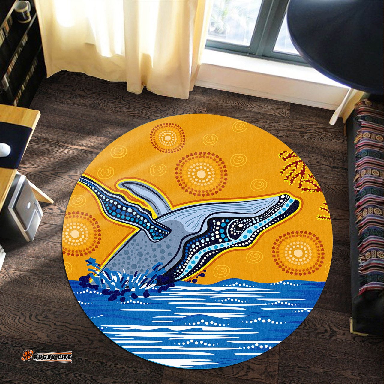 Amazing Aussie Australia Aboriginal Inspired Indigenous Whale in the ocean Aboriginal Inspired dot art style Round Rug