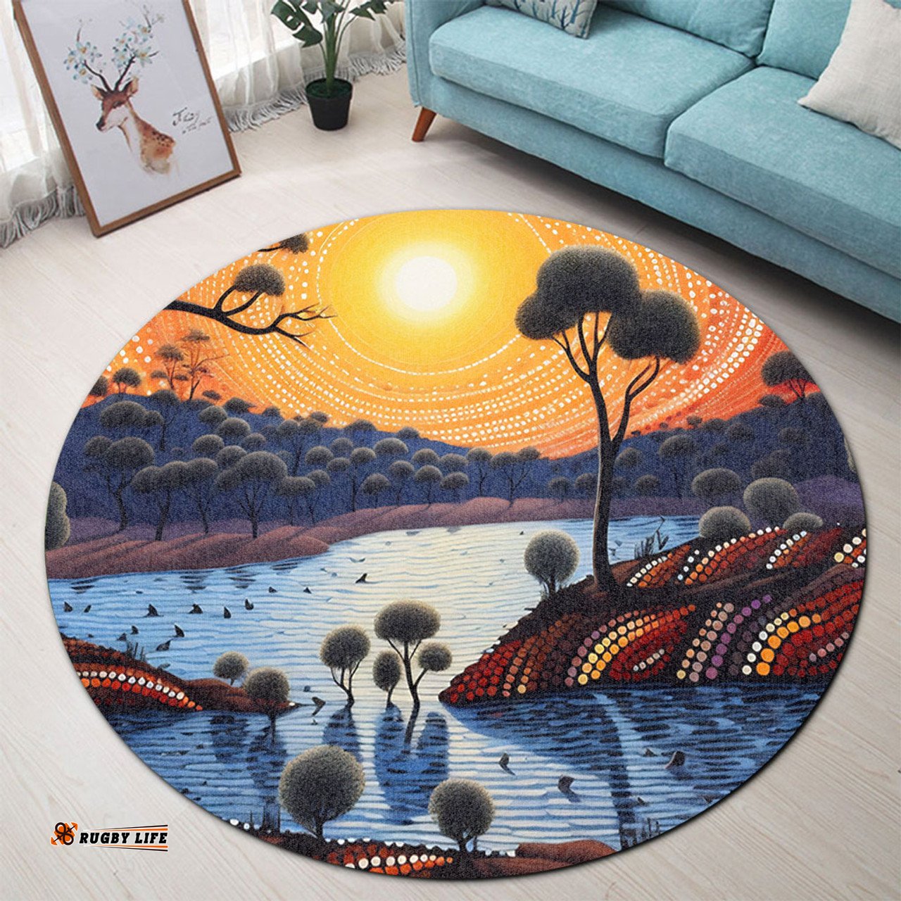 Amazing Aussie Australia Aboriginal Aboriginal River In Circle and Dot Painting Round Rug