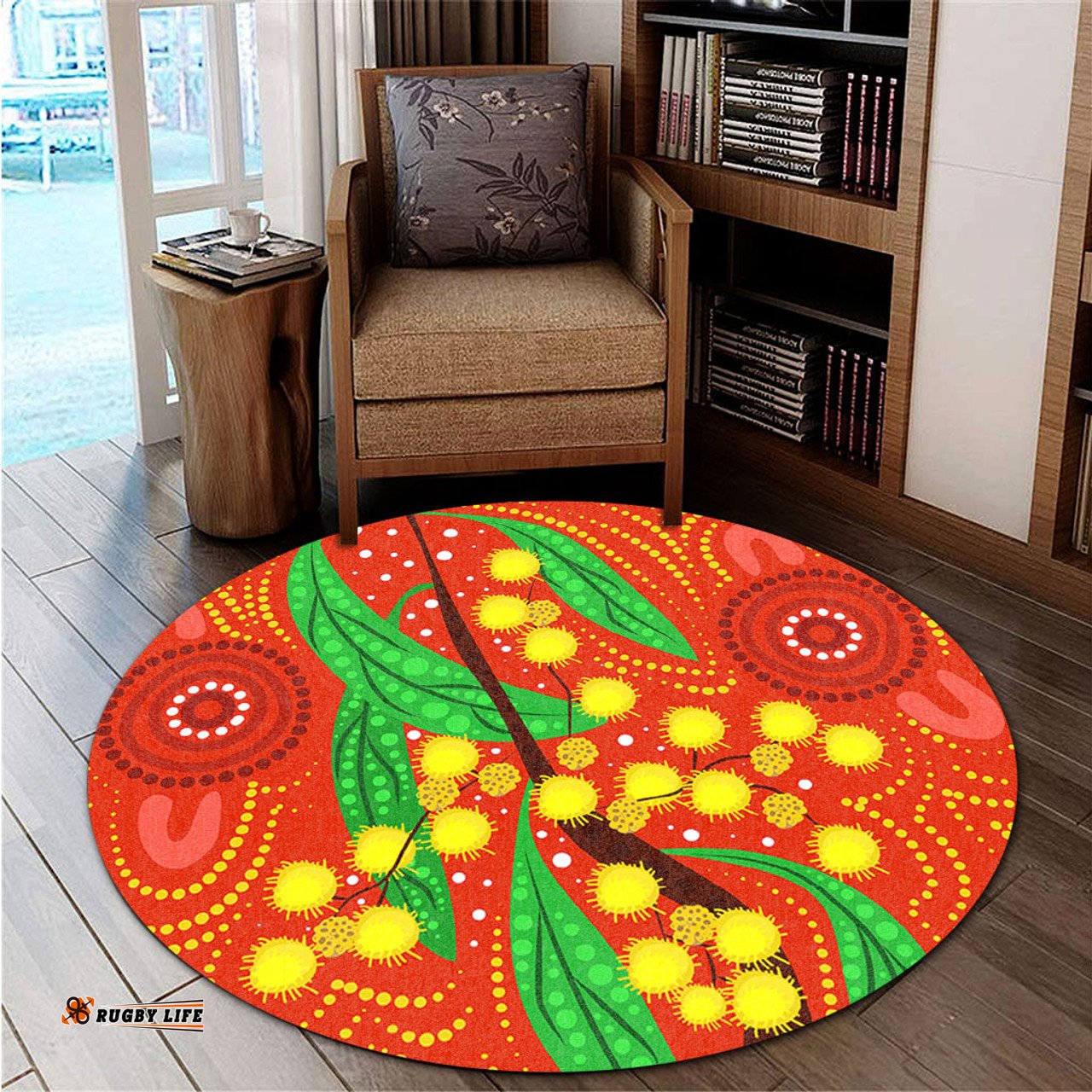 Amazing Aussie Australia Aboriginal Aboriginal Dot Art Of Australian Yellow Wattle Painting Round Rug