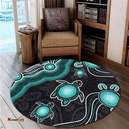 Amazing Aussie Australia Aboriginal Turtle Dreaming Journey Featuring Dot Art Turquoise Round Rug