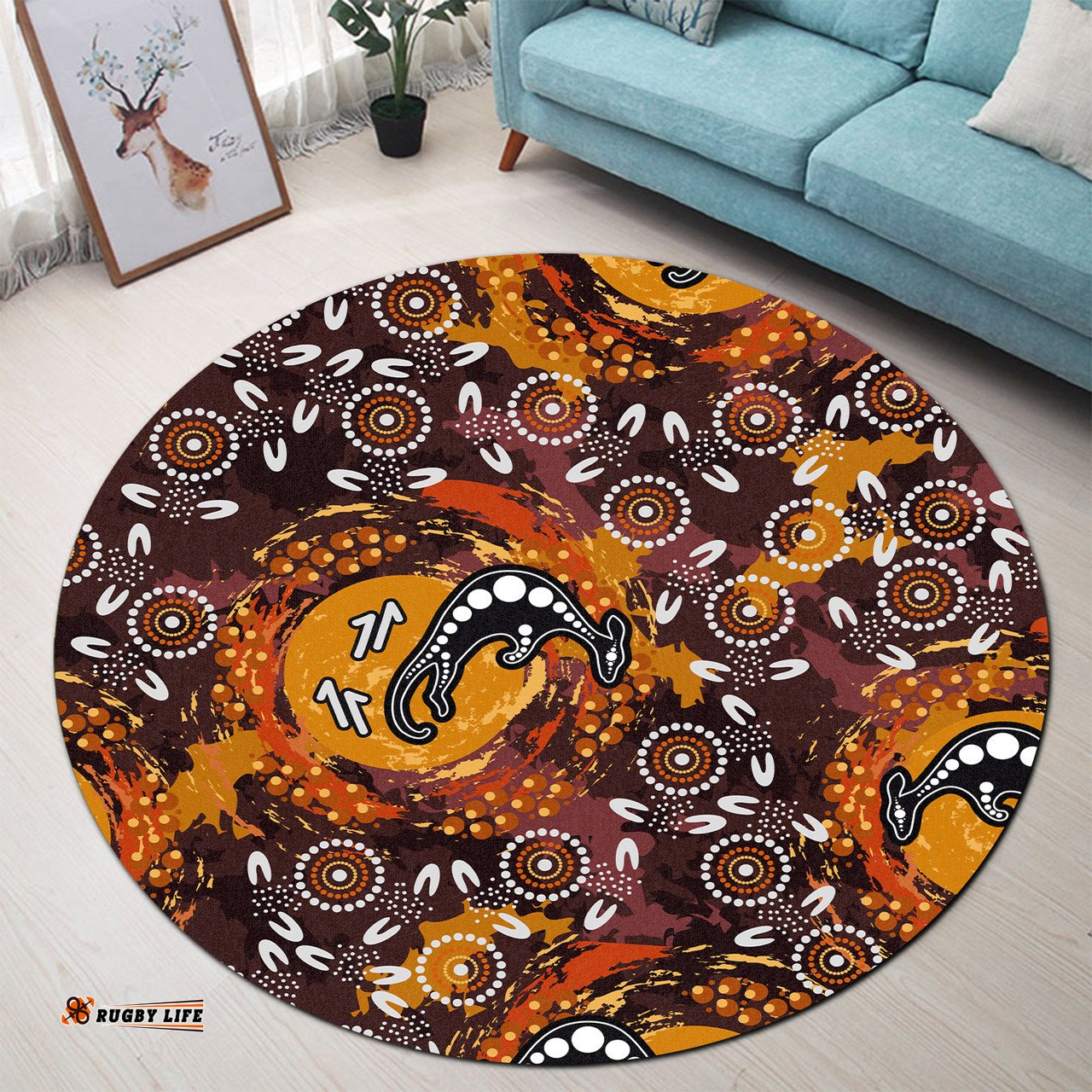 Amazing Aussie Australia Aboriginal Inspired Kangaroo Aboiginal Inspired Dot Painting Style Round Rug