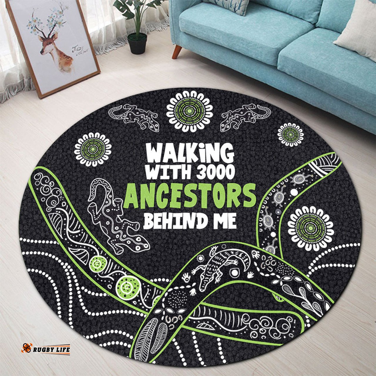 Amazing Aussie Australia Aboriginal Walking with 3000 Ancestors Behind Me Black and Green Patterns Round Rug