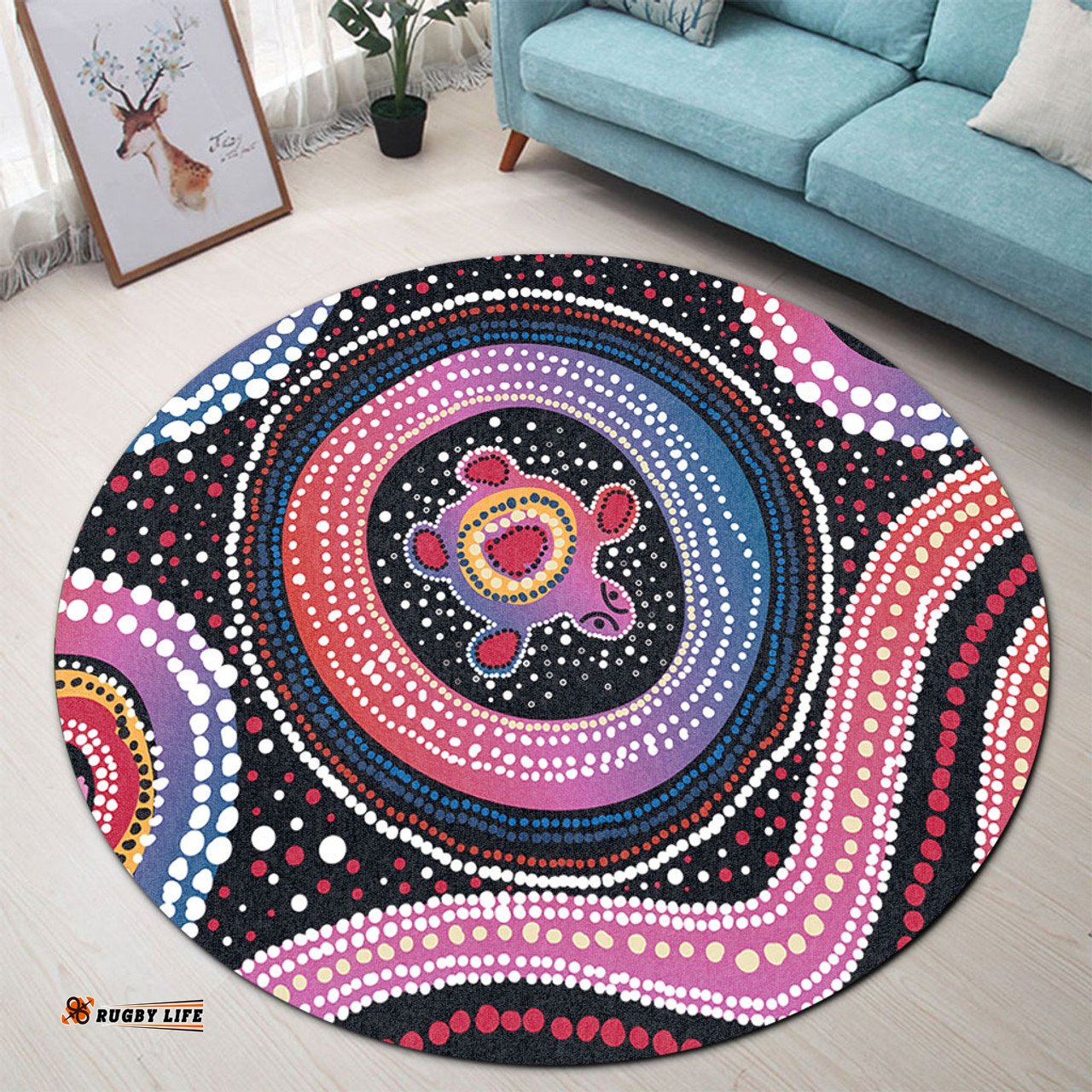 Amazing Aussie Australia Dot Painting Inspired Aboriginal Turtles With Dot In Aboriginal Round Rug