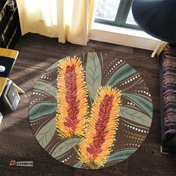 Amazing Aussie Australia Flowers Aboriginal Aboriginal Dot Art With Yellow Banksia Flower Round Rug
