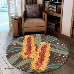 Amazing Aussie Australia Flowers Aboriginal Aboriginal Dot Art With Yellow Banksia Flower Round Rug