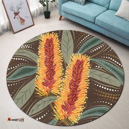 Amazing Aussie Australia Flowers Aboriginal Aboriginal Dot Art With Yellow Banksia Flower Round Rug