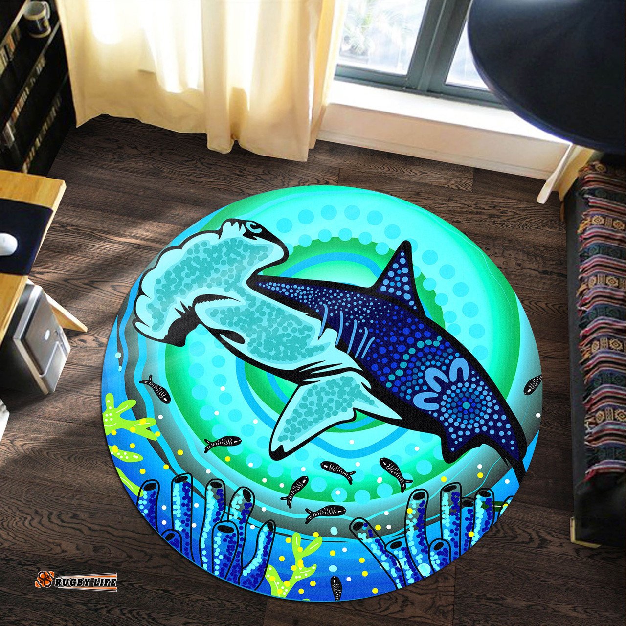 Amazing Aussie Australia Aboriginal Inspired Indigenous Hammerhead shark Aboriginal Inspired art Round Rug